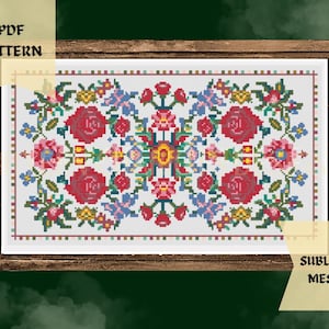 Pode incluir: Um padrão de ponto cruz emoldurado com um design floral. O padrão inclui rosas vermelhas, flores azuis e rosas e folhas verdes. O texto "PDF PATTERN" e "SUBLIMINAL MESSAGE" é visível. A moldura é marrom escuro.