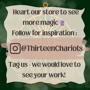 May include: A digitally designed graphic with text on a parchment-like background. The text encourages viewers to 'Heart our store', 'Follow for inspiration', and 'Tag us'. The Instagram handle @ThirteenChariots is also featured.