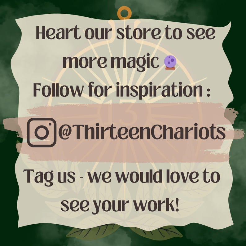 May include: A digitally designed graphic with text on a parchment-like background. The text encourages viewers to 'Heart our store', 'Follow for inspiration', and 'Tag us'. The Instagram handle @ThirteenChariots is also featured.