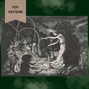 Puede incluir: Ilustración en blanco y negro que representa una escena mística con una mujer con un vestido largo, rodeada de criaturas fantásticas y una hoguera. El texto "PDF PATTERN" está en la parte superior izquierda. La obra evoca lo oculto y la fantasía.