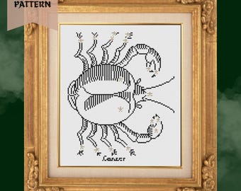 Zodiac Cross-Stitch Pattern - CANCER - Historical Photo, Astrology, Constellation