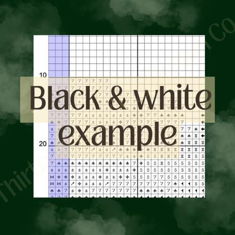 May include: A cross-stitch pattern example with a grid of squares, featuring the text "Black & white example." The design includes numbers and symbols, with a color palette of black, white, and blue.