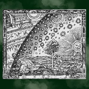 May include: Black and white illustration depicting a celestial scene with stars, sun, moon, and a figure in a cloak. The artwork features detailed linework, a tree, and a landscape, framed by an ornate border. The style is reminiscent of vintage engravings.