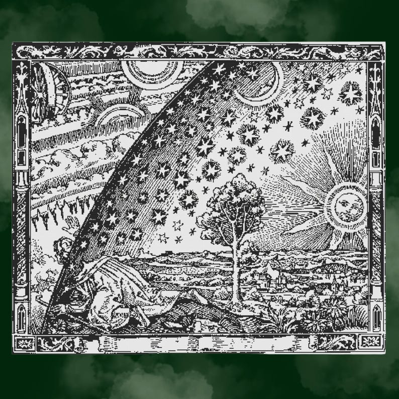 May include: Black and white illustration depicting a celestial scene with stars, sun, moon, and a figure in a cloak. The artwork features detailed linework, a tree, and a landscape, framed by an ornate border. The style is reminiscent of vintage engravings.