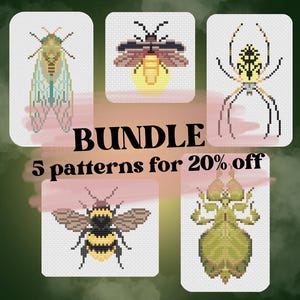 May include: A bundle of five cross-stitch patterns featuring various insects. The designs include a cicada, firefly, spider, bee, and a stick insect. The text "BUNDLE 5 patterns for 20% off" is displayed in the center of the image.