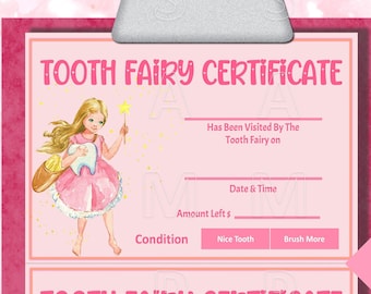 Printable Pink Tooth Fairy Certificate for Girl, Tooth Fairy Receipt, Instant Digital Download