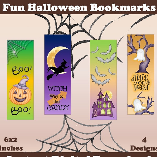 Printable Halloween Bookmark Set 4 Designs Great Book lover Hostess Gift Trick or Treat Party Favor, Fun Scary Instant Digital Download