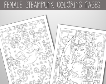 Female Steampunk Inspired Adult Coloring Pages | Set of 10 Unique Girlcentric Printable Coloring Designs | Instant Digital Download