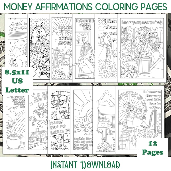 Money Affirmations Adult Coloring Pages | Set of 12 Unique Printable Coloring Designs | Instant Download | Budgeting Mindset