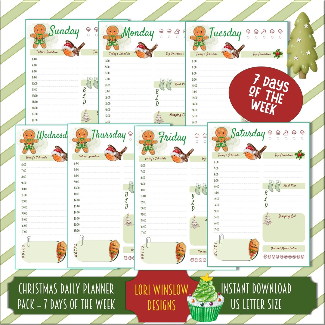 Christmas Gingerbread Man Days of the Week Daily Planner Pages