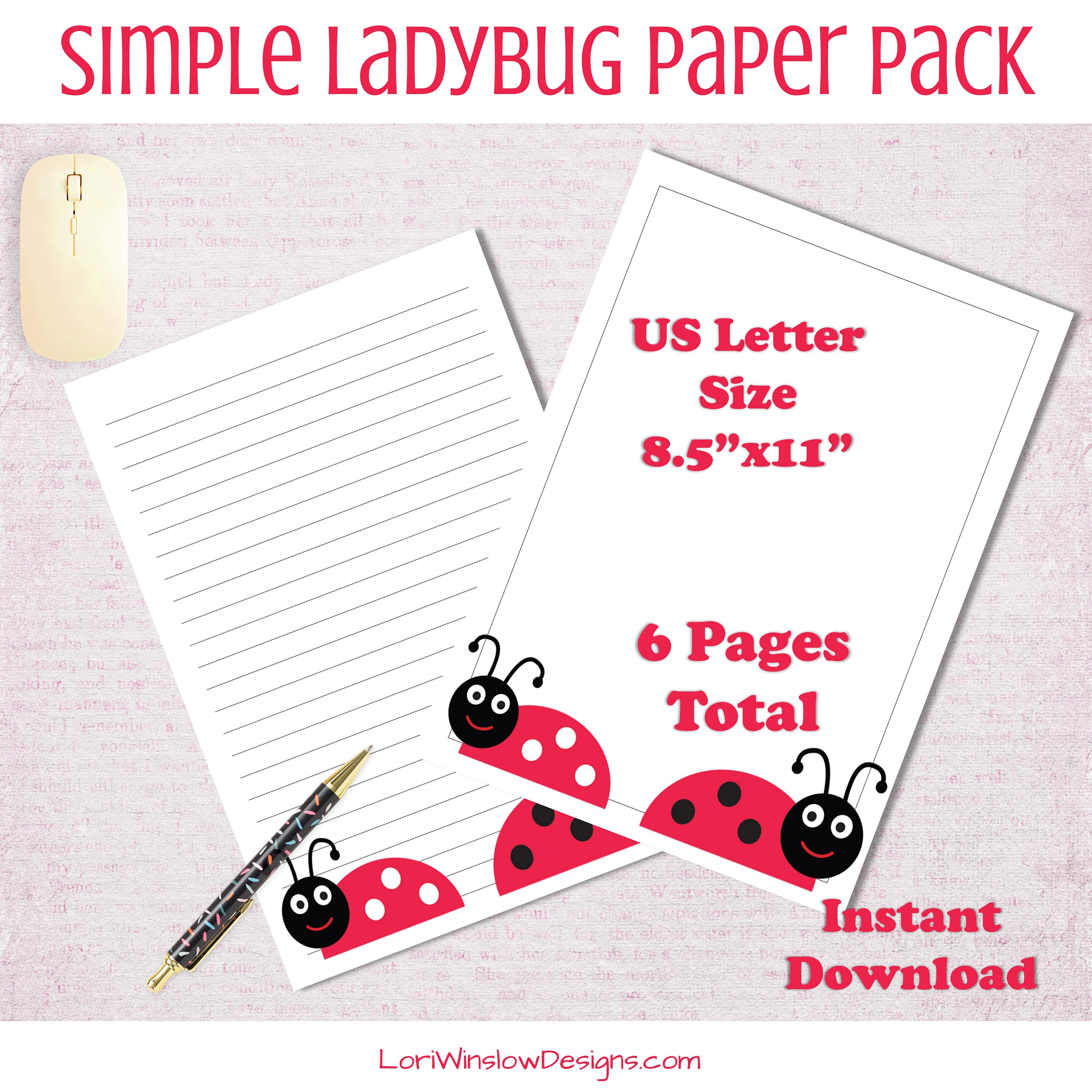 Simple Ladybug Printable Paper Set Stationary and Doodle Paper 3 Lined ...