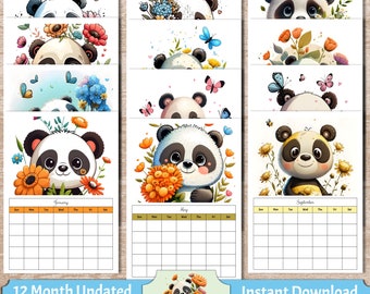 Schöner Panda Undatierter druckbarer 12-monatiger Wandkalender Detaillierte Zeichnungen Blumen Schmetterlinge asiatischen Stil ideal für Zuhause oder Büro