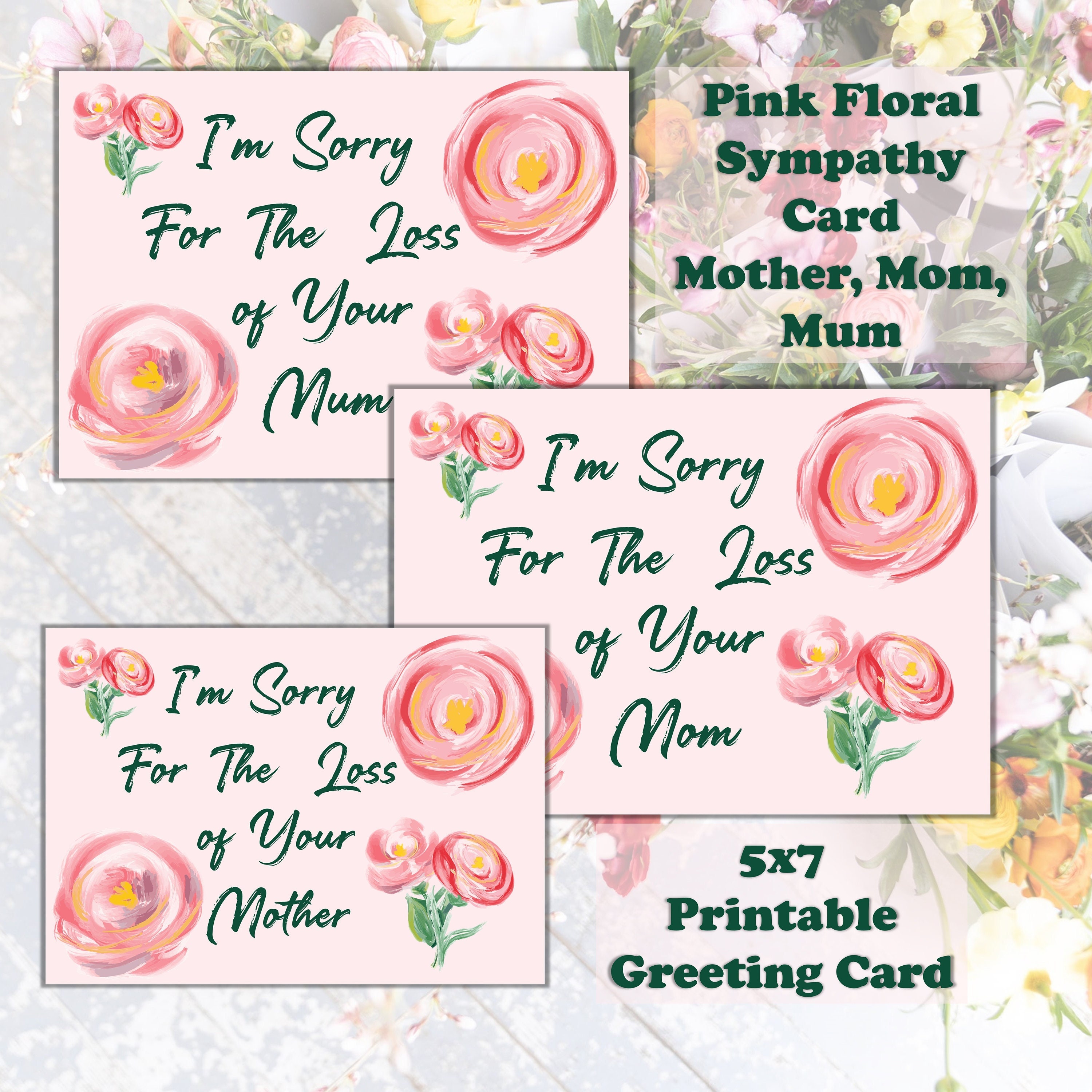 Pink Floral Printable Sympathy Card for Mother Mom Mum - Etsy