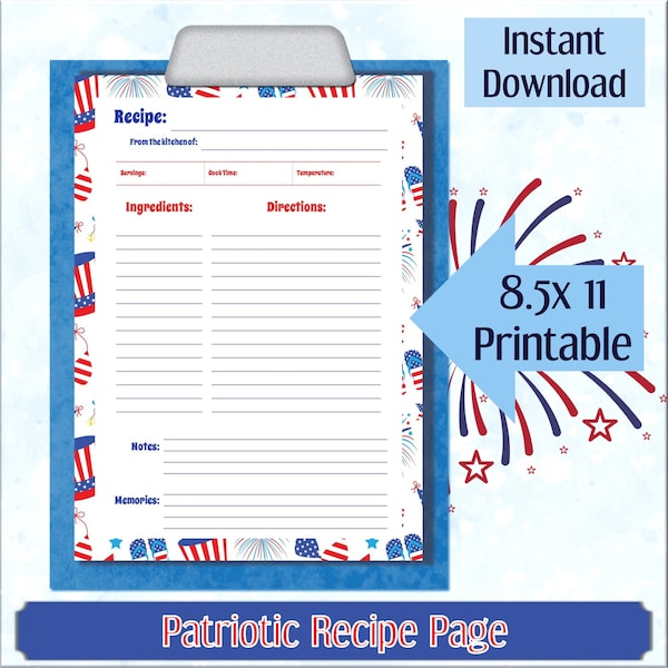 Patriotic Cooking Recipe Page Printable Instant Digital Download Red White Blue Memorial Day BBQ Holiday Backyard Party Labor Day Potluck