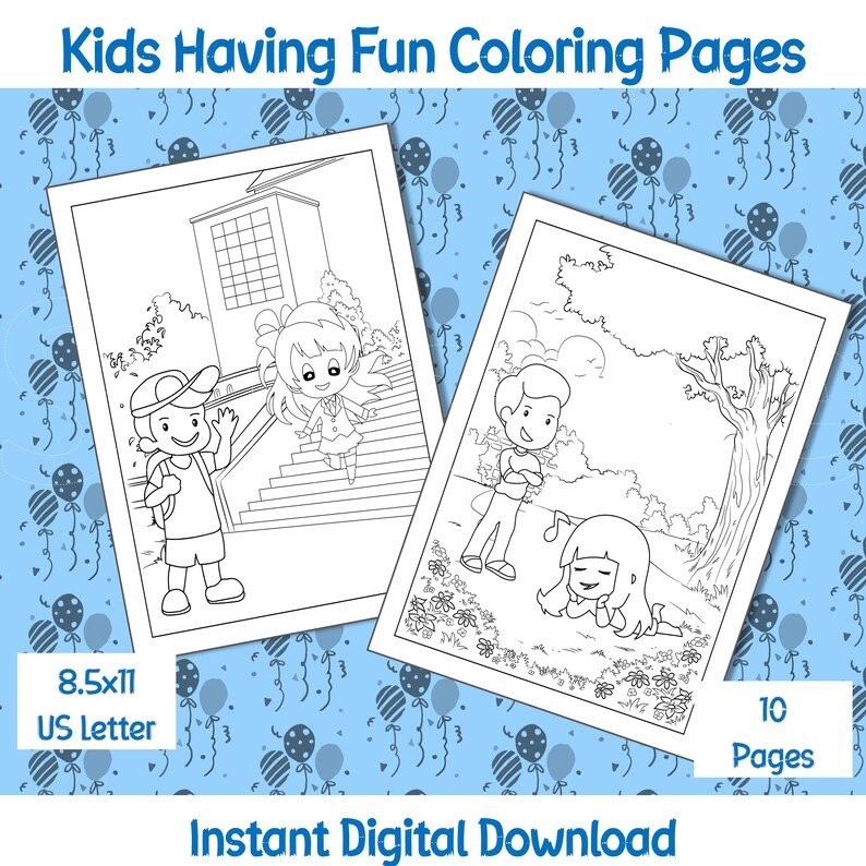 Kids Having Fun Printable Coloring Pages 10 Unique Designs Activity Page Digital Download ...