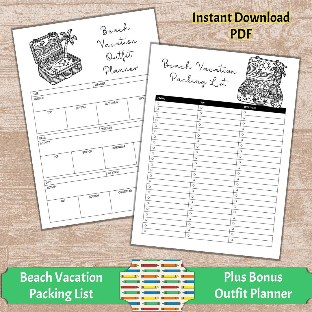 Beach Vacation Packing List Printable &amp; Bonus Matching Outfit Planner ...