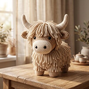 May include: A crochet highland cow figurine featuring a light beige yarn body with long, shaggy fringe detailing, two curved horns, small ears, and dark round eyes. The stuffed animal stands on four short legs with a textured, hand-stitched appearance.