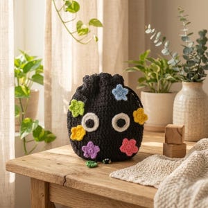 Crochet Black Drawstring Bag Pattern PDF, Cute Monster Pouch Amigurumi Pattern, Floral Crochet Bag Tutorial, Digital Download