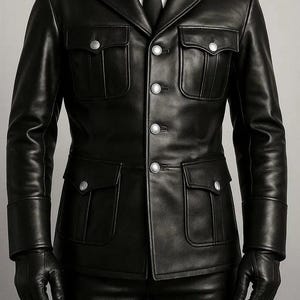 Könnte beinhalten: Schwarze Lederjacke mit vier Fronttaschen, silbernen Knöpfen und einem Reverskragen. Die Jacke wird mit einer passenden schwarzen Lederhose, einem weißen Hemd mit Kragen und einer schwarzen Krawatte getragen. Die Ärmel haben ein Manschettendetail. Schwarze Lederhandschuhe.