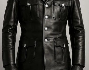 Chaqueta militar para hombre, estilo RAF, de piel de vaca auténtica, con cierre de botones, color negro