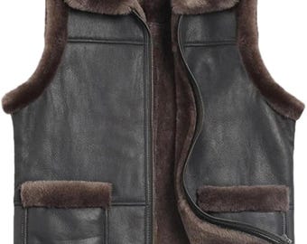 Men's Shearling Vest: Brown Sheepskin Leather, Fur Collar Gilet