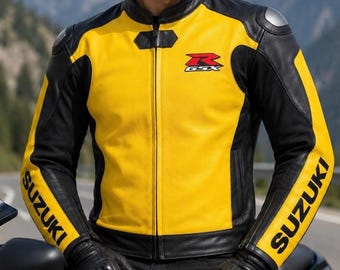 Suzuki GSXR Yellow Leather Motorcycle Riding Biker Rcing Jacket Moto Gear