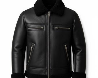 Men's Black Sheepskin Leather RAF Aviator Bomber Jacket