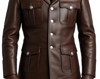 Men's Military Coat RAF Style Genuine Cowhide Leather Button Closure Brown Classic Leather Jacket