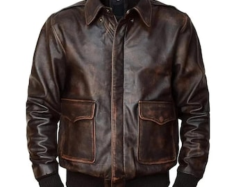 Vintage Brown Leather Aviator Jacket: 80s Bomber, Mens Large