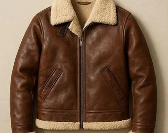 Men’s Shearling Leather Jacket Brown Bomber Aviator Flight Real Sheepskin Coat