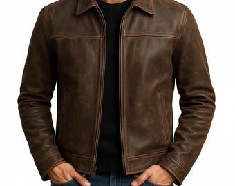 Mens Handmade Distressed Brown Cowhide Leather Cafe Racer Biker Jacket