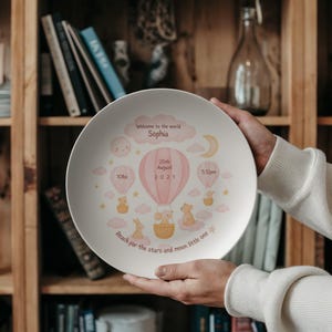 Gift for Baby on Newborn Custom Plate Personalized Baby Birth Details with Hot Air Balloon Design Gender Neutral Baby Shower Keepsake Decor
