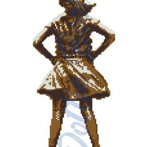 May include: A pixelated figure of a person in a dress, arms akimbo. The image is predominantly brown with white detailing, set against a white backdrop. The artwork has a retro digital aesthetic.