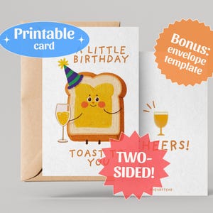 Cartão de aniversário com brinde para impressão com envelope, cartão de felicitações engraçado e fofo com pão, impressão instantânea, download digital, cartão de feliz aniversário, hilário