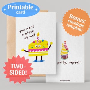 Carte d'anniversaire imprimable gâteau avec enveloppe, carte de voeux drôle, téléchargement numérique, impression instantanée, carte de joyeux anniversaire, carte de fête, cadeau pour elle