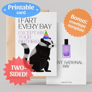 Printable Skunk Birthday Card with Envelope, Funny Greeting Card, Cute Happy Birthday Gift, Digital Download, Instant Print, Party Gift