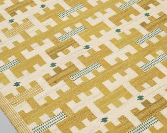 yellow, beige and multicolor Vintage weave rug by Anna-Greta Sjöqvist American kilim rug