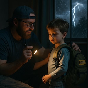 May include: A man holding a flashlight, illuminating a young child wearing a backpack. The child looks concerned, with a stormy sky visible through a window in the background. The backpack has a patch that says "EMERGENCY".