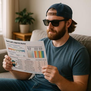 Op de afbeelding: Een persoon met een zonnebril en een baseballpet houdt een document vast met de titel "Dad Craft's Well-lit Home". Het document toont grafieken en tekst over verlichting. De persoon draagt een blauw t-shirt.