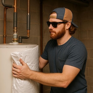 May include: A person wearing a blue and tan baseball cap and black sunglasses is working on a white water heater. The person is holding a white insulation wrap around the water heater.