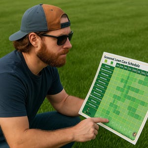 May include: A man wearing a blue and brown baseball cap and sunglasses examines a "Seasonal Lawn Care Schedule" chart. The chart is green and white, with a grid layout and text detailing lawn care tasks. The man is in a grassy area.