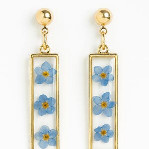 Pressed Forget-Me-Not Resin Earrings: Gold Rectangle Dangle, Real Flowers