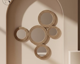 Espejo de pared color crema y negro, decoración para sala de estar, espejo de yute estilo bohemio, espejo de pared redondo costero, espejo estilo granja.