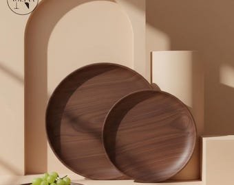 Bandeja de madera para té de nogal, bandeja redonda de madera para té, bandeja de madera de cerezo para servir, bandeja rústica para aperitivos y comida.