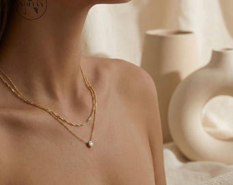 Collar delicado de oro de doble capa | Colgante minimalista en capas | Collar con colgante para dama de honor | Joyería de oro para bodas