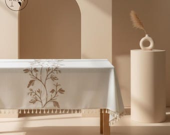 Mantel de lino con hojas bordadas, estilo rústico de granja, lavable a máquina.