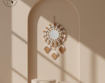 Espejo de pared bohemio redondo tejido, decoración de macramé artesanal, decoración con flecos y colgante de plumas.