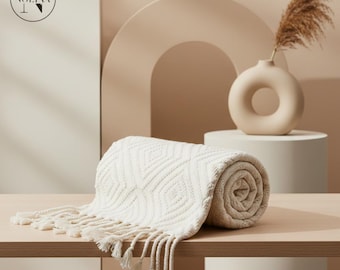 Manta nórdica de punto | Funda de sofá bohemia con borlas | Manta tejida con textura | Camino de cama ligero