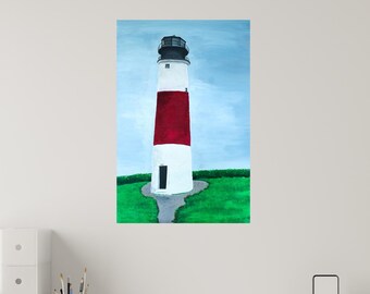 May include: A painting of a lighthouse with a red and white striped tower, a black top, and a small black door. The lighthouse is set against a blue sky and green grass.