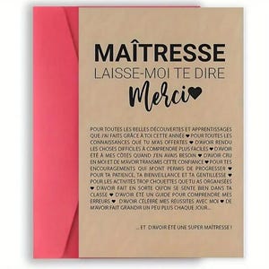 Carte personnalisée maîtresse, avec enveloppe rouge, note de remerciement sincères, idée cadeau maîtresse, pour montrer sa gratitude